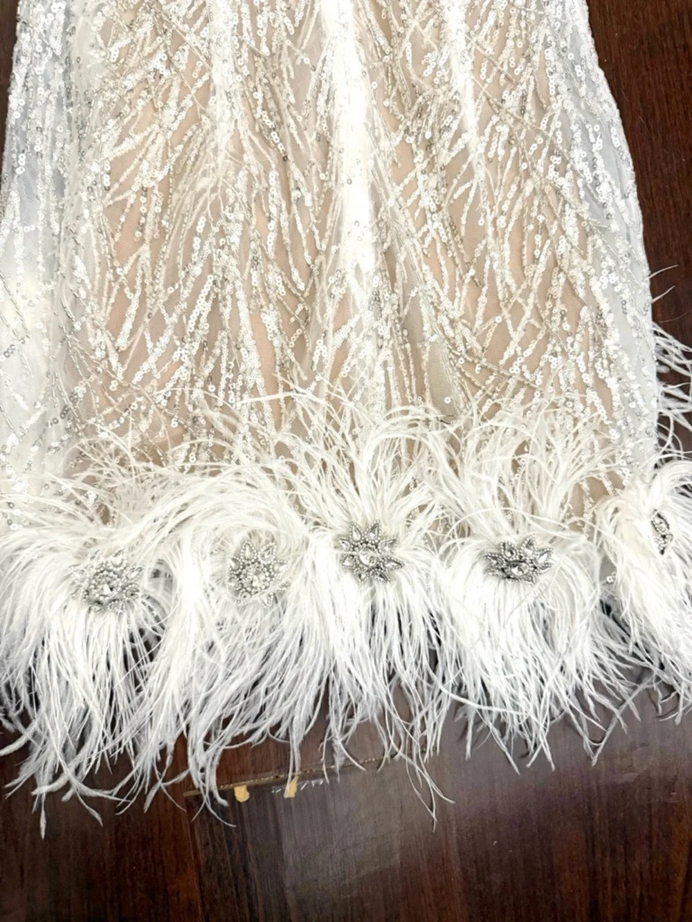 NADINE MERABI  Mila White Feather Sequin Ivory Mini Dress with Nude Slip Sz S - Picture 12 of 17